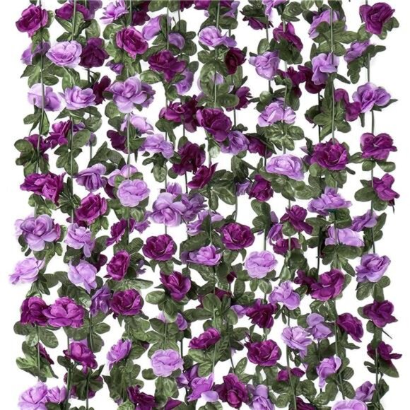 9 Pack 72 FT Artificial Flower Garland, Fake Purple Roses Vines Silk Flowers - Picture 1 of 7